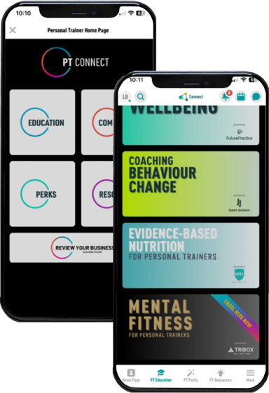 Two phones display the PT Connect app, showing modules like "Education," "Coaching Behaviour Change," and "Mental Fitness for Personal Trainers."