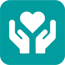 A white icon of two hands cupping a heart, set against a rounded teal square background.