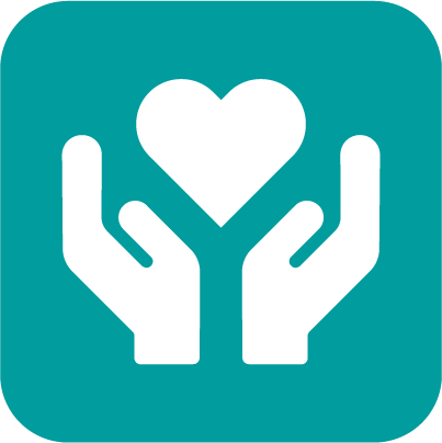 A white icon of two hands cupping a heart, set against a rounded teal square background.