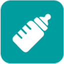 A white baby bottle icon on a rounded teal square background.