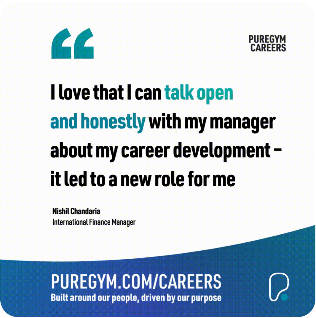 A quote from Nishil Chandaria about career development at PureGym with the company website link.