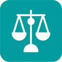 A white icon of the scales of justice centered on a rounded teal square background.