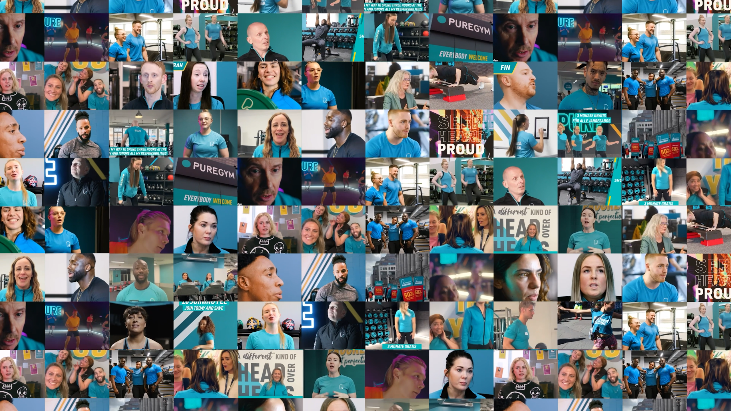 A collage of diverse people and gym staff members wearing PureGym blue shirts in various settings.
