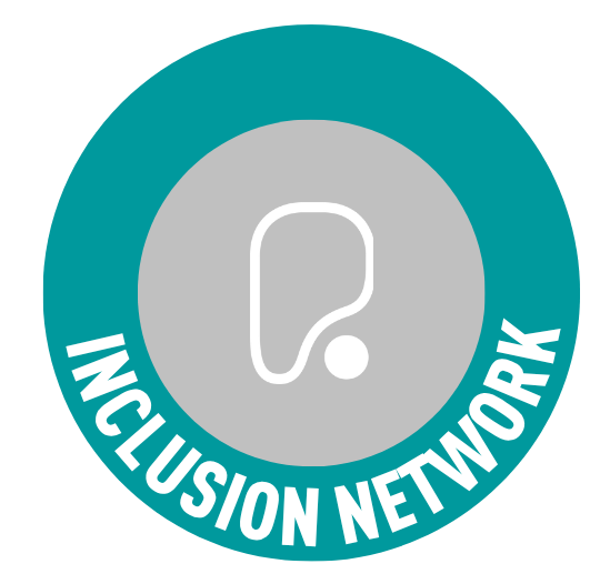Teal circular logo with gray center, featuring a white abstract shape and the text INCLUSION NETWORK.